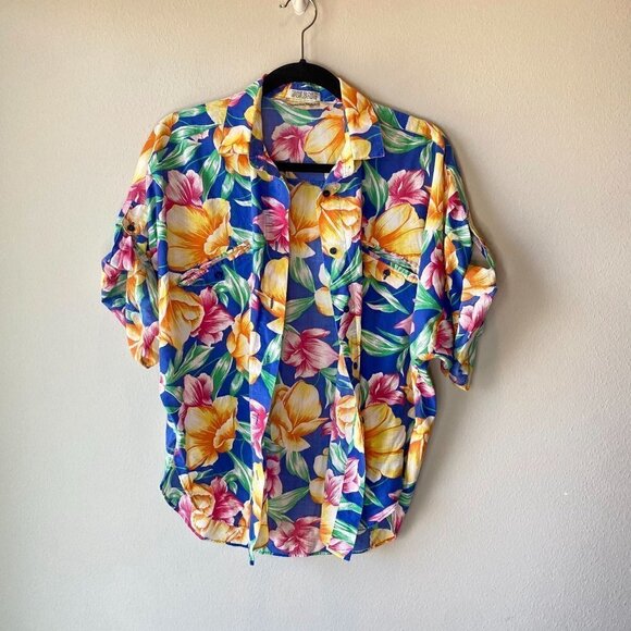 Diane von Furstenberg Vintage 80s Floral Button Down Short Sleeve M - Picture 7 of 8